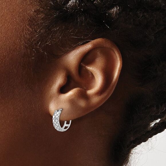 Kazi Luxury 14K White Gold Polished and Etched Hinged Hoop Earrings